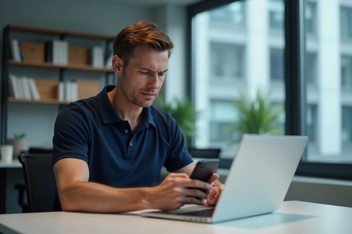 Homme contactant le support téléphonique Uber Eats depuis son bureau professionnel