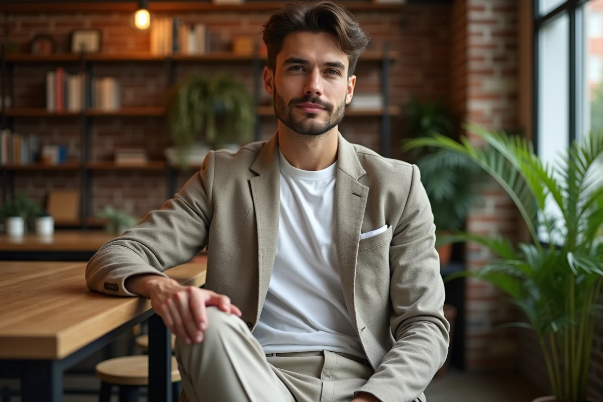 Homme en tenue décontractée dans un café chaleureux