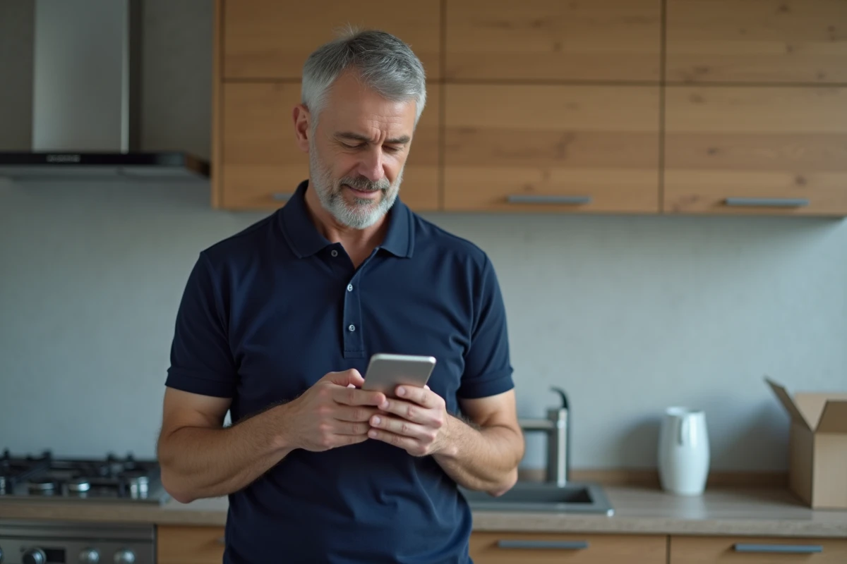 Homme consultant une confirmation de changement d'adresse administratif sur son smartphone dans une cuisine