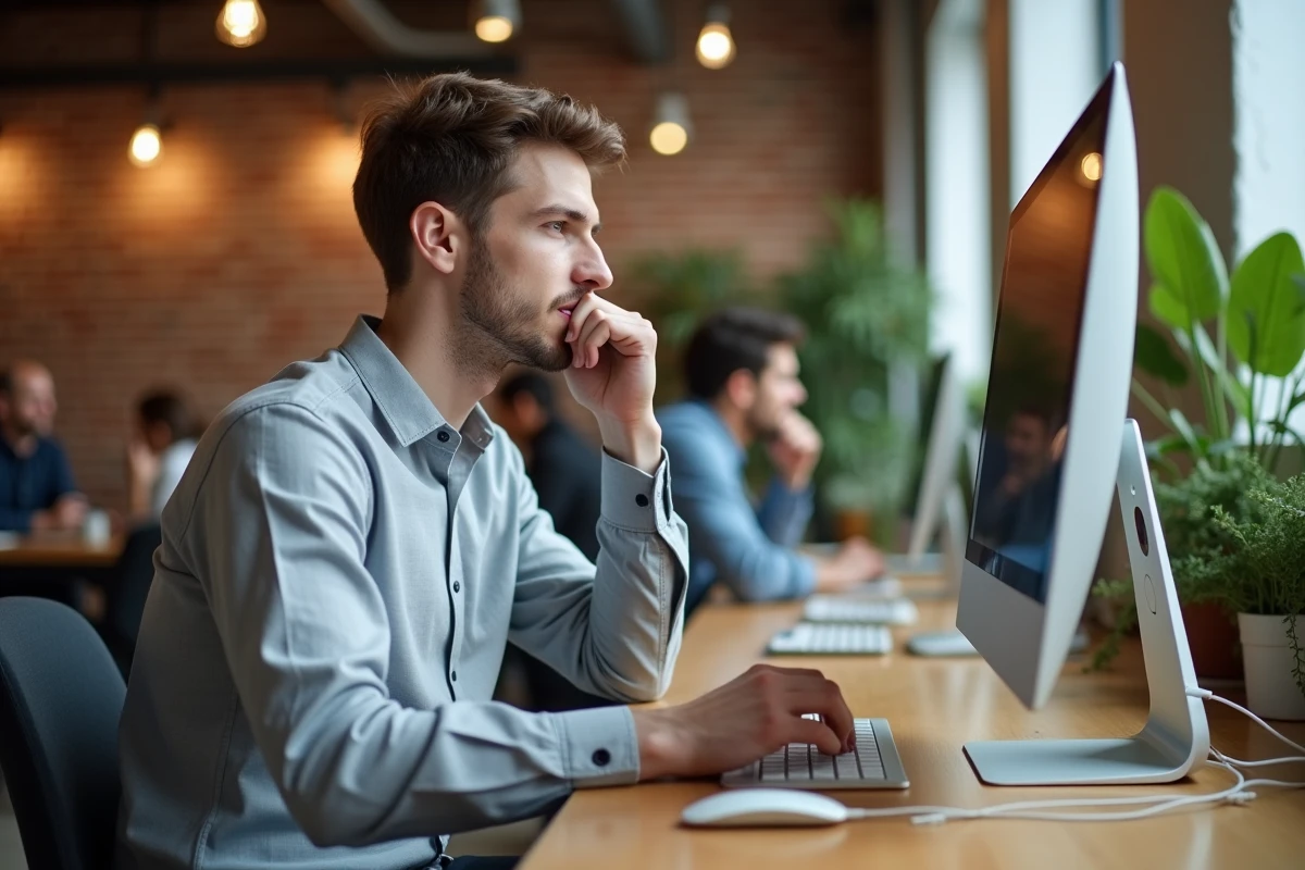Jeune homme en chemise grise mettant à jour son profil professionnel sur un ordinateur dans un espace de co-working