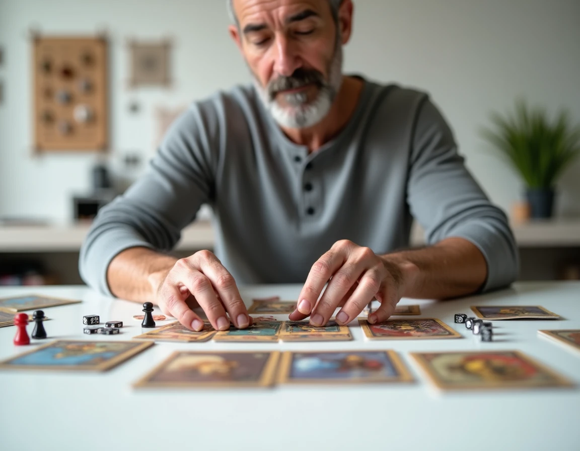 Homme organisant des composants de jeu de société incluant des meeples, dés et cartes sur une table blanche dans une salle de jeux minimaliste