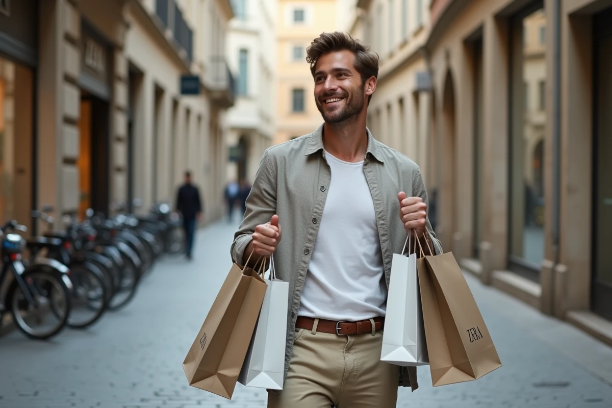 Homme tenant des sacs Zara dans une rue pavée européenne après des achats avantageux à l'étranger