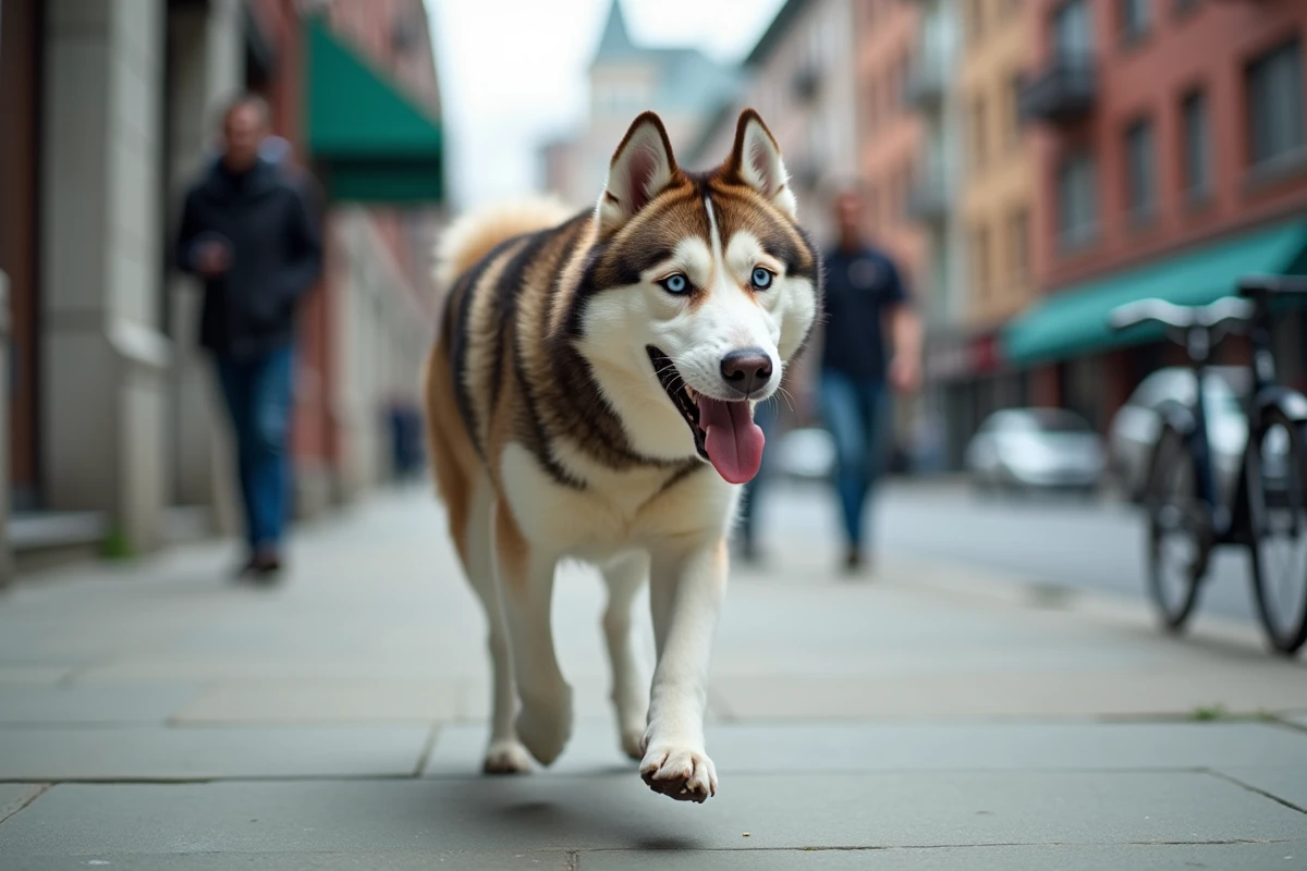 Husky sibérien en pleine marche énergique sur un trottoir urbain, illustrant les besoins importants en exercice de cette race en appartement