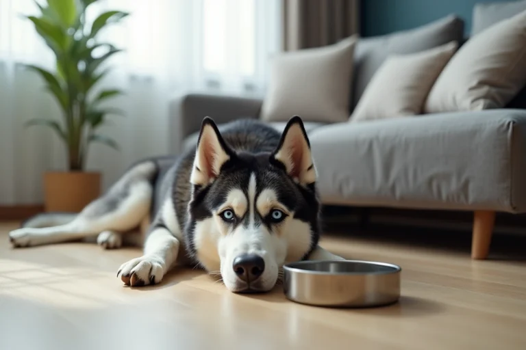 Husky sibérien allongé sur le parquet d'un appartement moderne, entouré de jouets, illustrant la vie en intérieur de ce chien énergique