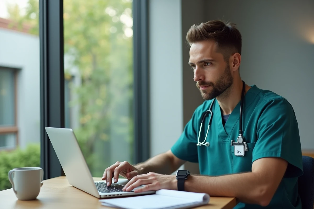 Infirmier consultant un logiciel de soins sur ordinateur portable dans une salle de repos hospitalière moderne