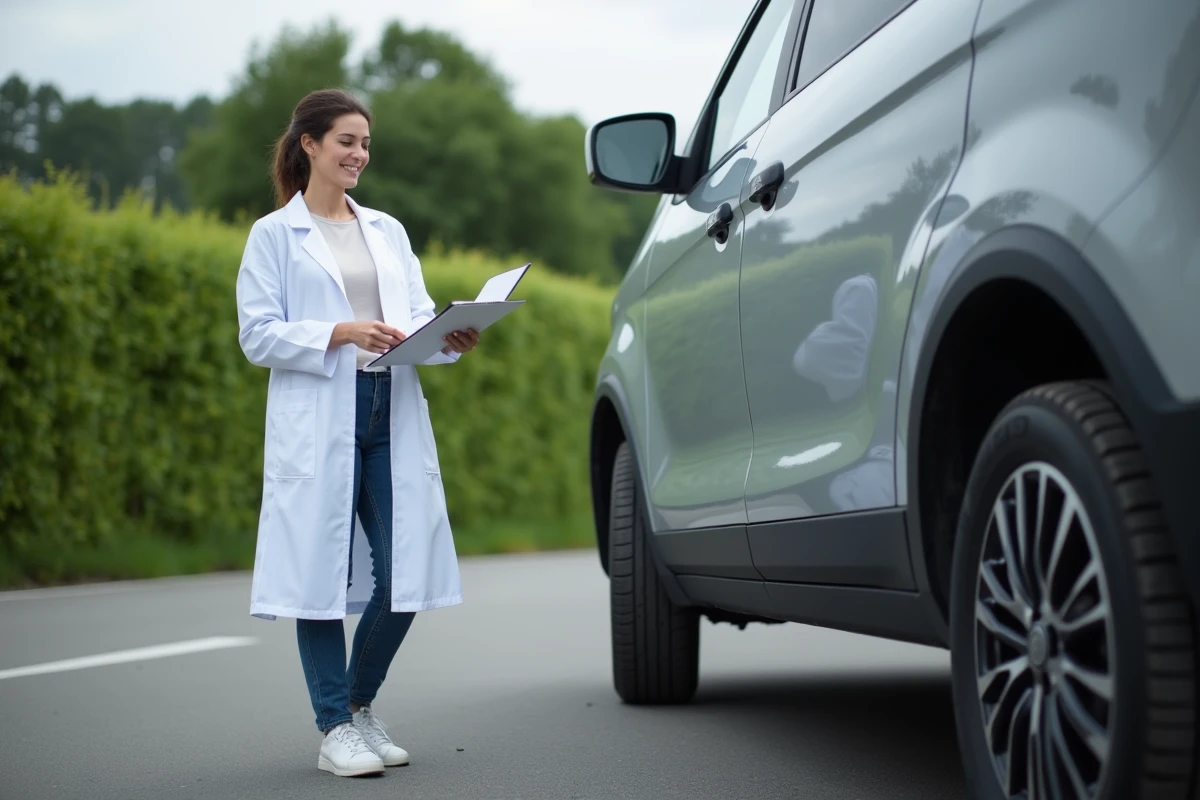 Jeune ingénieure automobile vérifiant un pneu sur véhicule extérieur