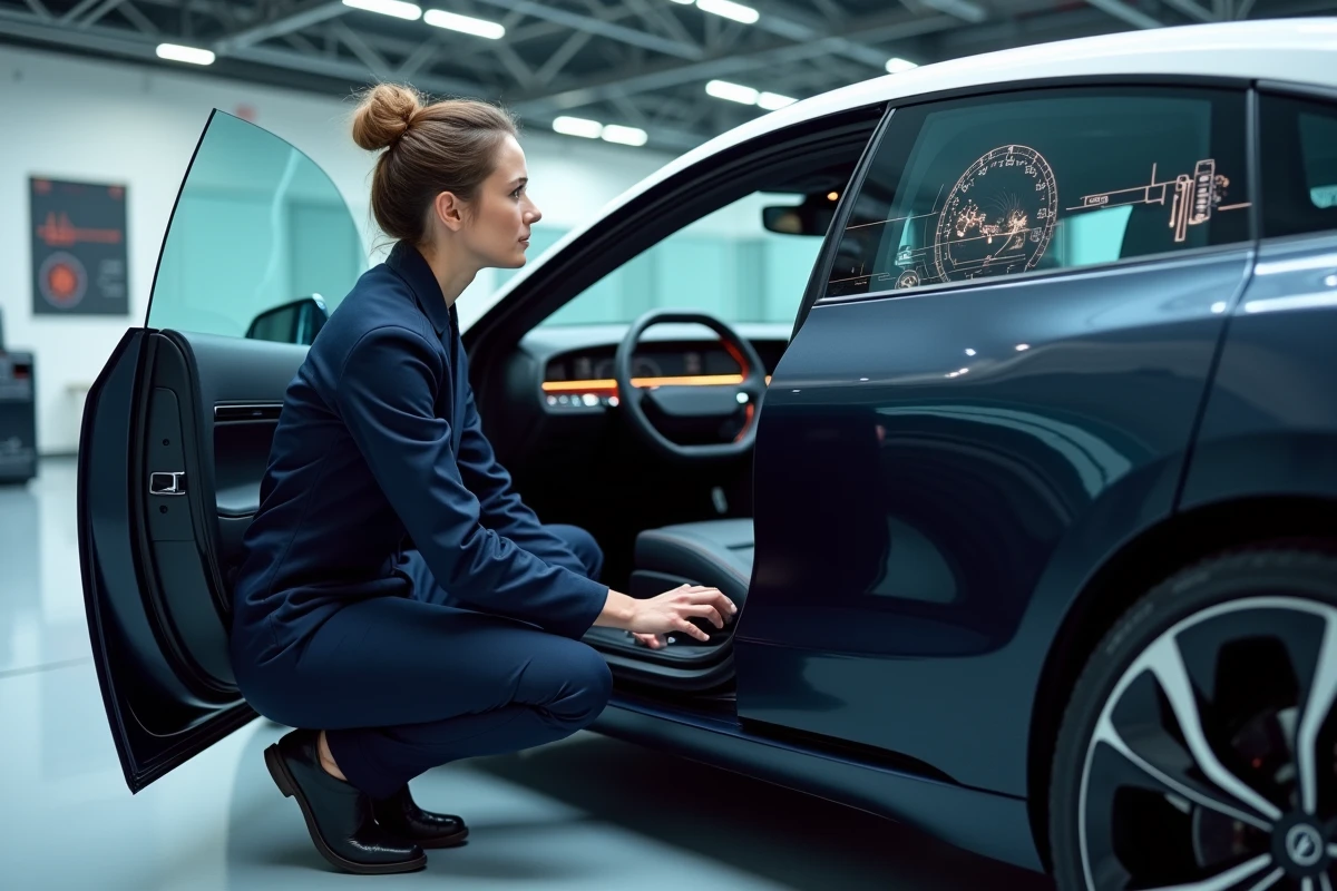 Ingénieure automobile examinant le tableau de bord numérique d'un SUV concept 2024 dans un studio de design industriel