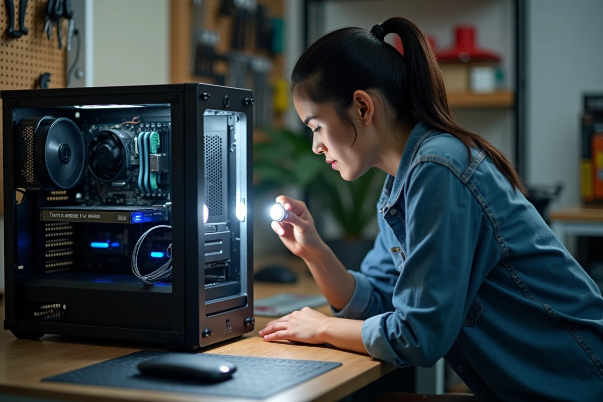 Femme inspectant les composants internes d'un PC ouvert pour diagnostiquer une panne