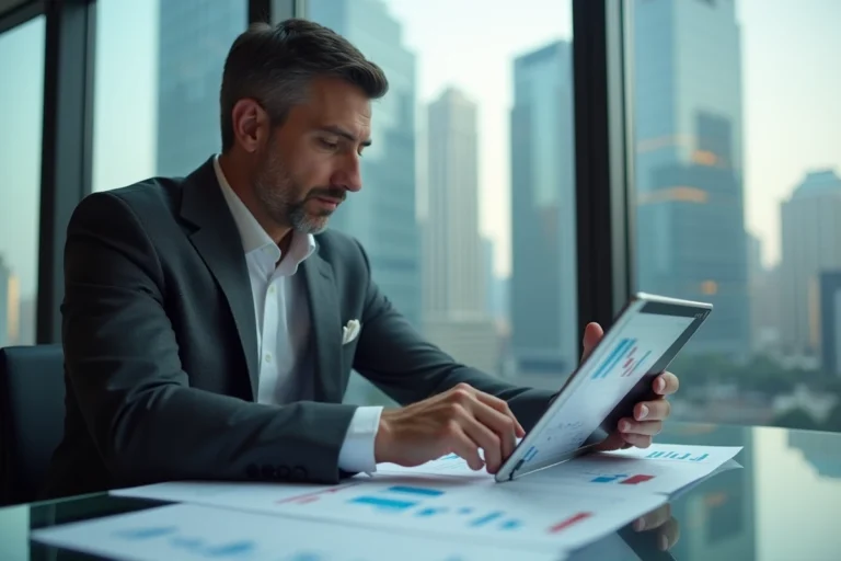 Investisseur masculin en costume analysant des graphiques boursiers et des tendances financières sur tablette dans un bureau moderne en ville