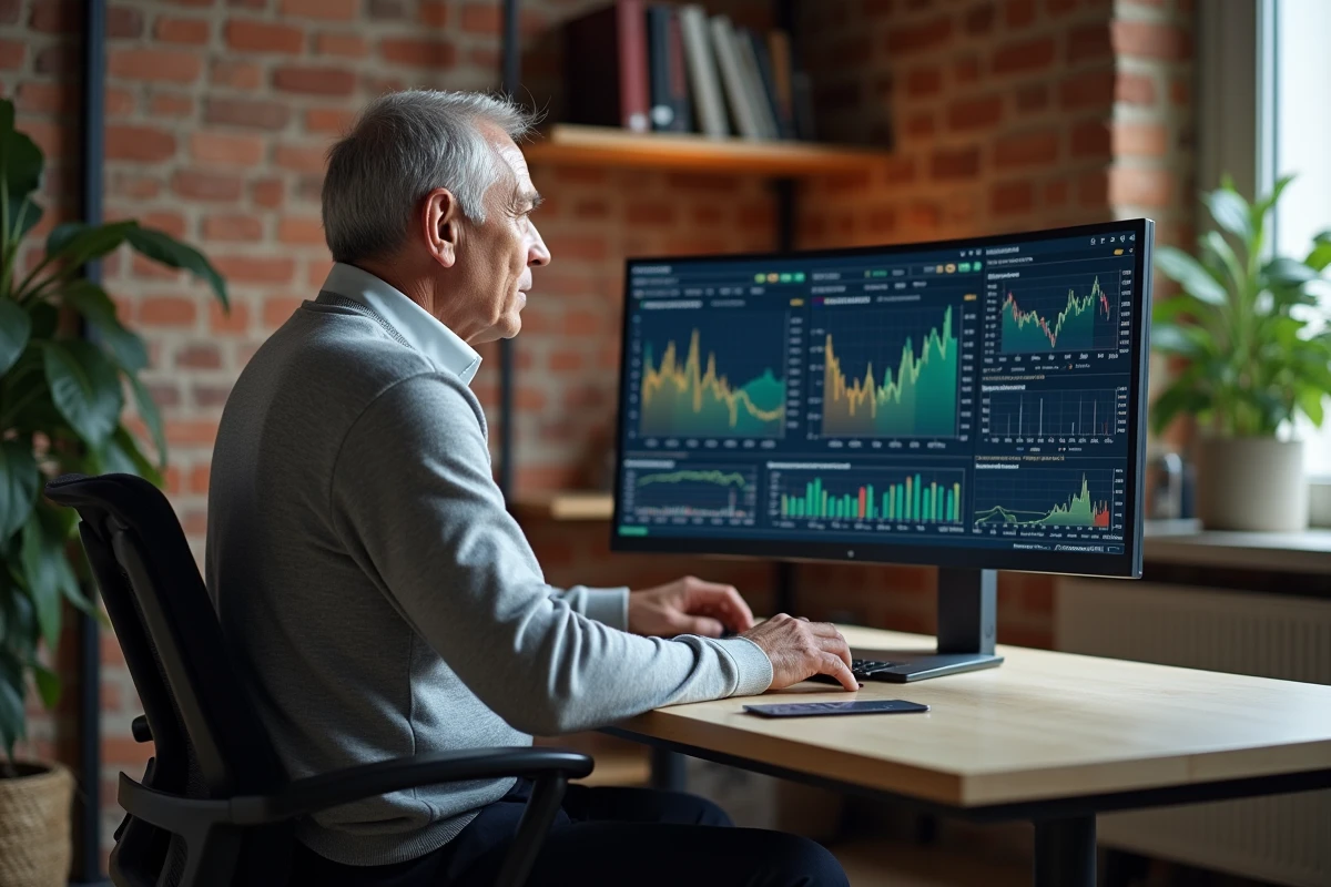 Investisseur chevronné consultant des actualités financières et des tableaux de bord d'investissement sur grand écran dans un bureau à domicile élégant