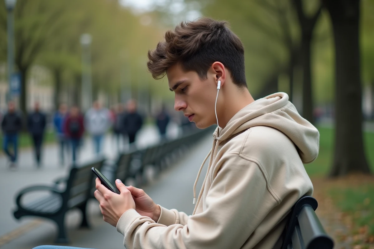 Jeune adulte dans un parc urbain regardant un appel entrant inconnu avec indicatif 33 sur son téléphone