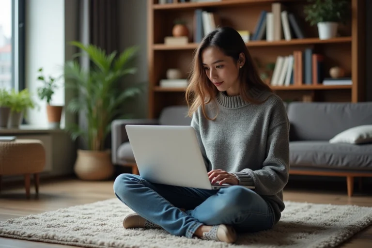 Jeune femme en sweat gris travaillant sur son ordinateur dans un salon cosy