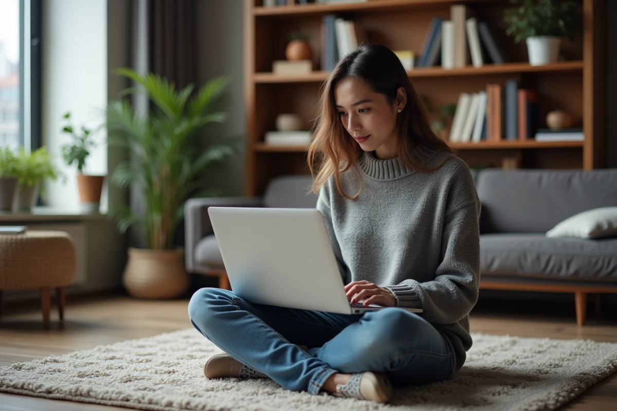Jeune femme en sweat gris travaillant sur son ordinateur dans un salon cosy
