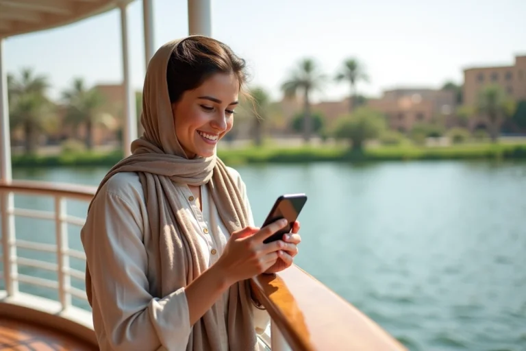 Jeune femme égyptienne souriante sur le pont du Nil