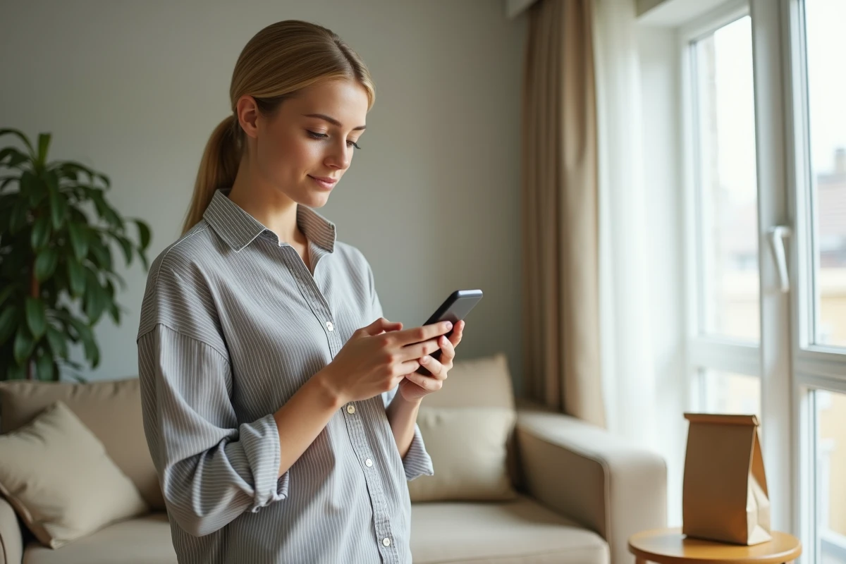 Jeune femme cherchant à joindre le service client Uber Eats par téléphone dans son salon