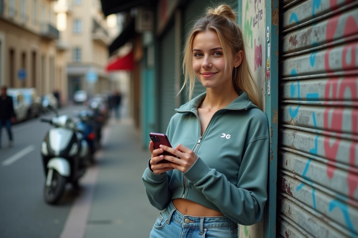 Jeune femme française en tenue urbaine tenant un smartphone avec une appli de streaming musical, dans une rue de banlieue, illustrant la popularité de l'argot musical français