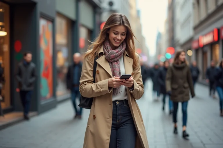 Jeune femme stylée dans la ville checkant son smartphone