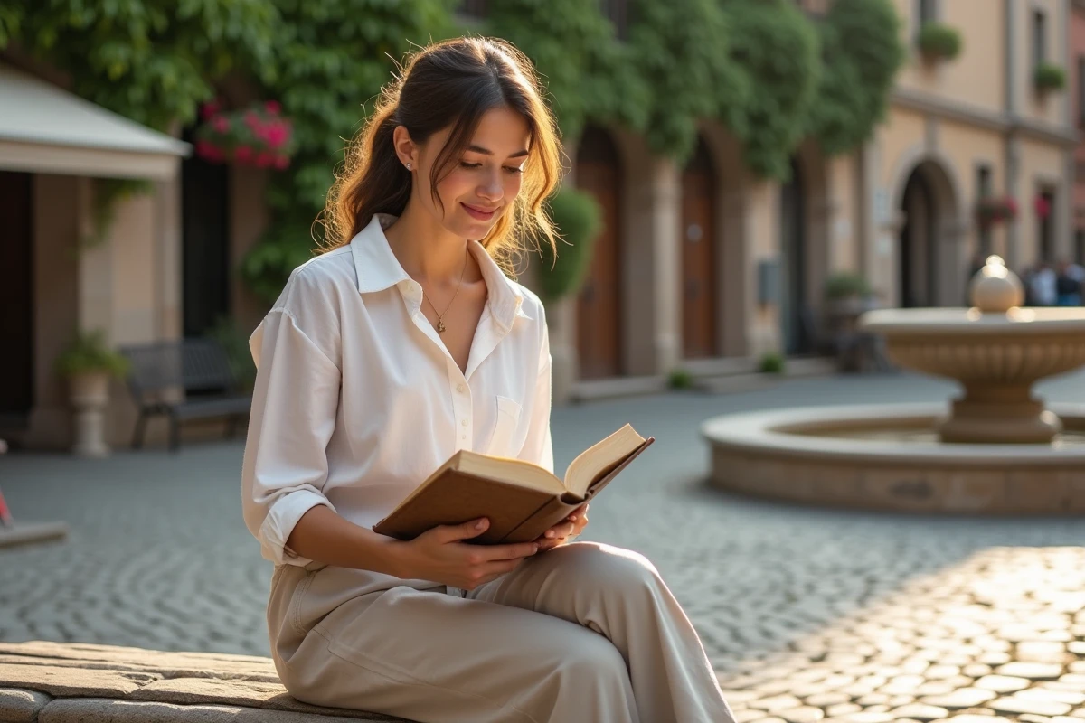 Jeune femme adulte souriante assise sur un banc de pierre dans un village européen, lisant un livre, illustrant une histoire de jeunesse et d'amour