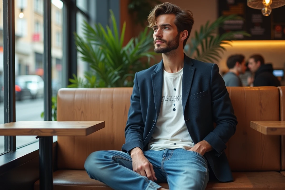 Jeune homme en mode décontractée dans un café