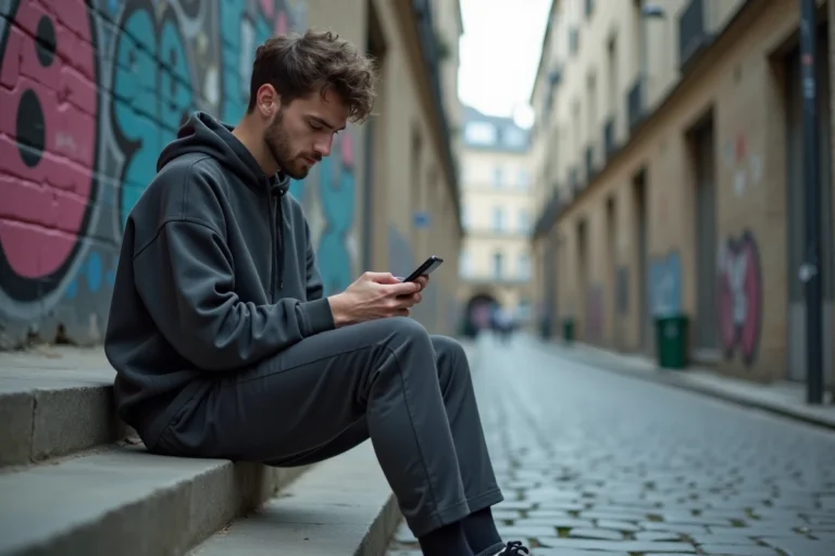 Jeune homme en tenue casual dans une ruelle urbaine parisienne, symbolisant la culture street française et le langage familier popularisé par des artistes comme Keblack