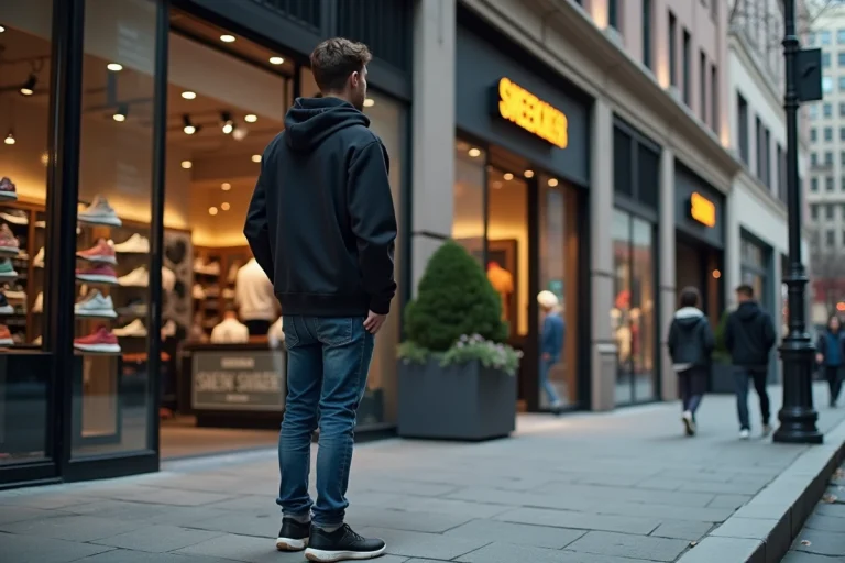 Jeune homme en streetwear devant une boutique de sneakers moderne