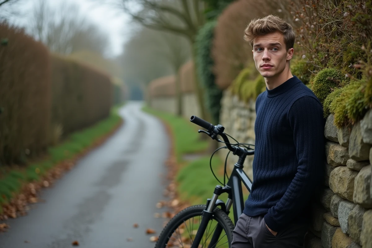 Jeune homme adulte pensif près d'un vélo ancien contre un mur de pierre en campagne, image illustrant une histoire de jeunesse et de couple
