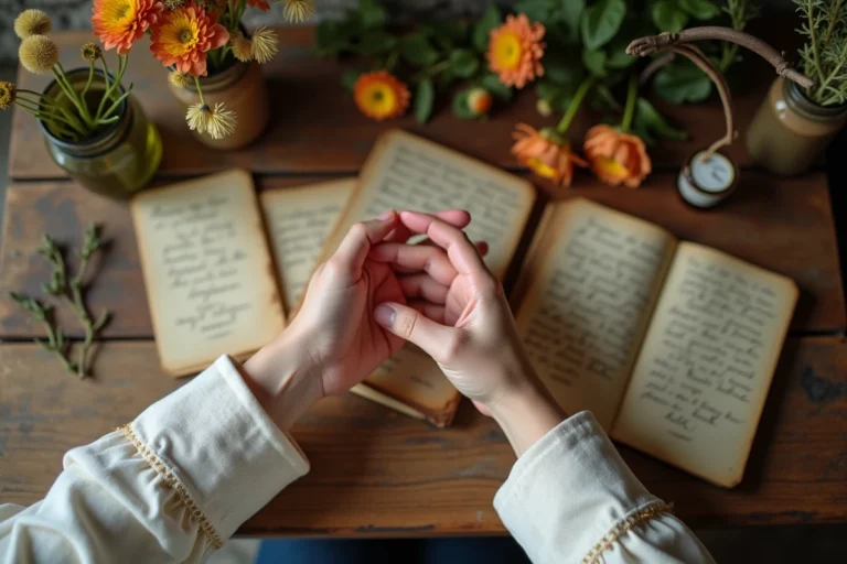 Deux jeunes mains adultes enlacées sur une table en bois avec de vieilles lettres d'amour et un journal vintage, symbole d'une histoire de couple extraordinaire