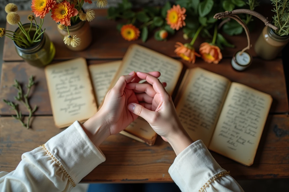 Deux jeunes mains adultes enlacées sur une table en bois avec de vieilles lettres d'amour et un journal vintage, symbole d'une histoire de couple extraordinaire