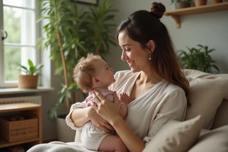 Maman et bébé souriants dans un salon chaleureux