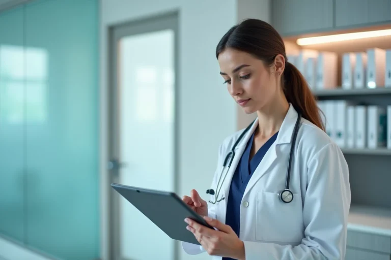 Médecin utilisant une tablette numérique pour consulter des données patients dans un cabinet médical moderne