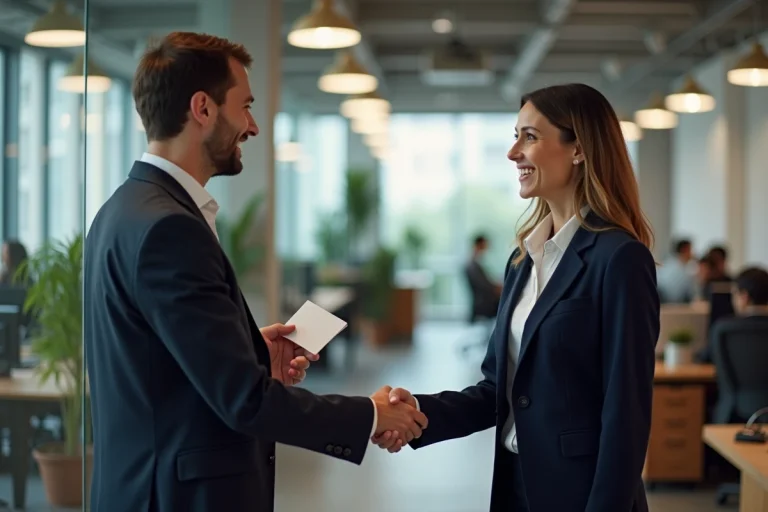 Femme en blazer marine serrant la main d'un collègue lors de son départ de l'entreprise, carte d'adieu à la main dans un bureau moderne