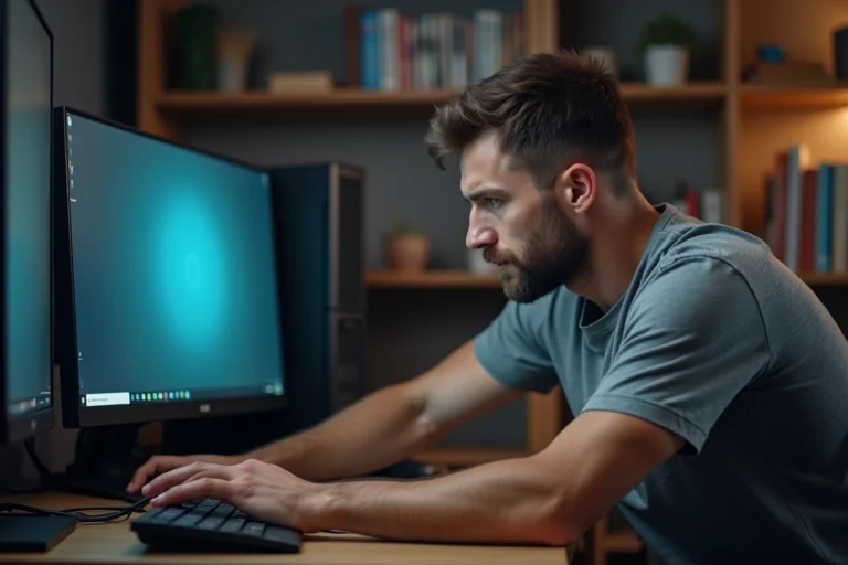 Homme appuyant sur le bouton d'alimentation d'un PC qui ne répond plus dans un bureau à domicile