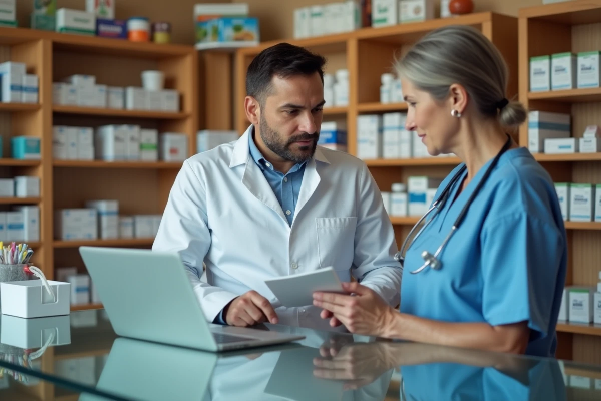Pharmacien et collègue soignante discutant d'une solution de gestion des prescriptions sur ordinateur en pharmacie
