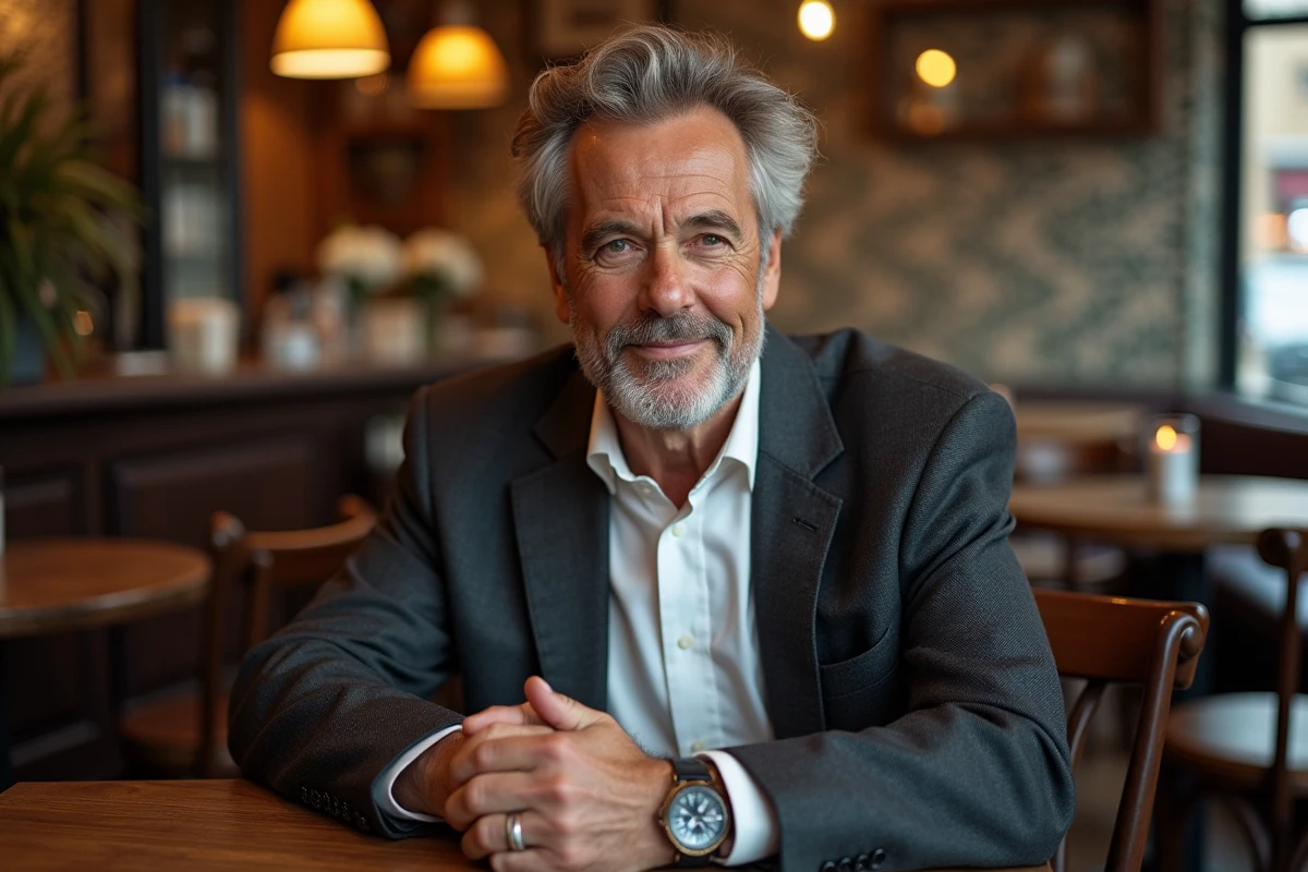 Portrait d'un homme distingué aux cheveux grisonnants dans un café parisien, évoquant la discrétion et l'élégance d'un personnage de la vie privée médiatique
