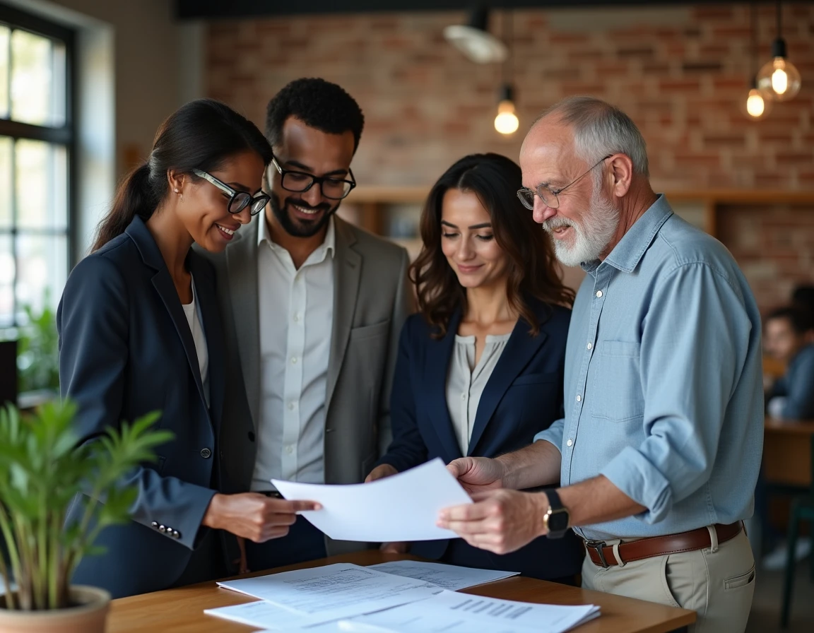 Groupe de professionnels diversifiés collaborant dans un bureau moderne autour d'offres d'emploi axées sur l'inclusion