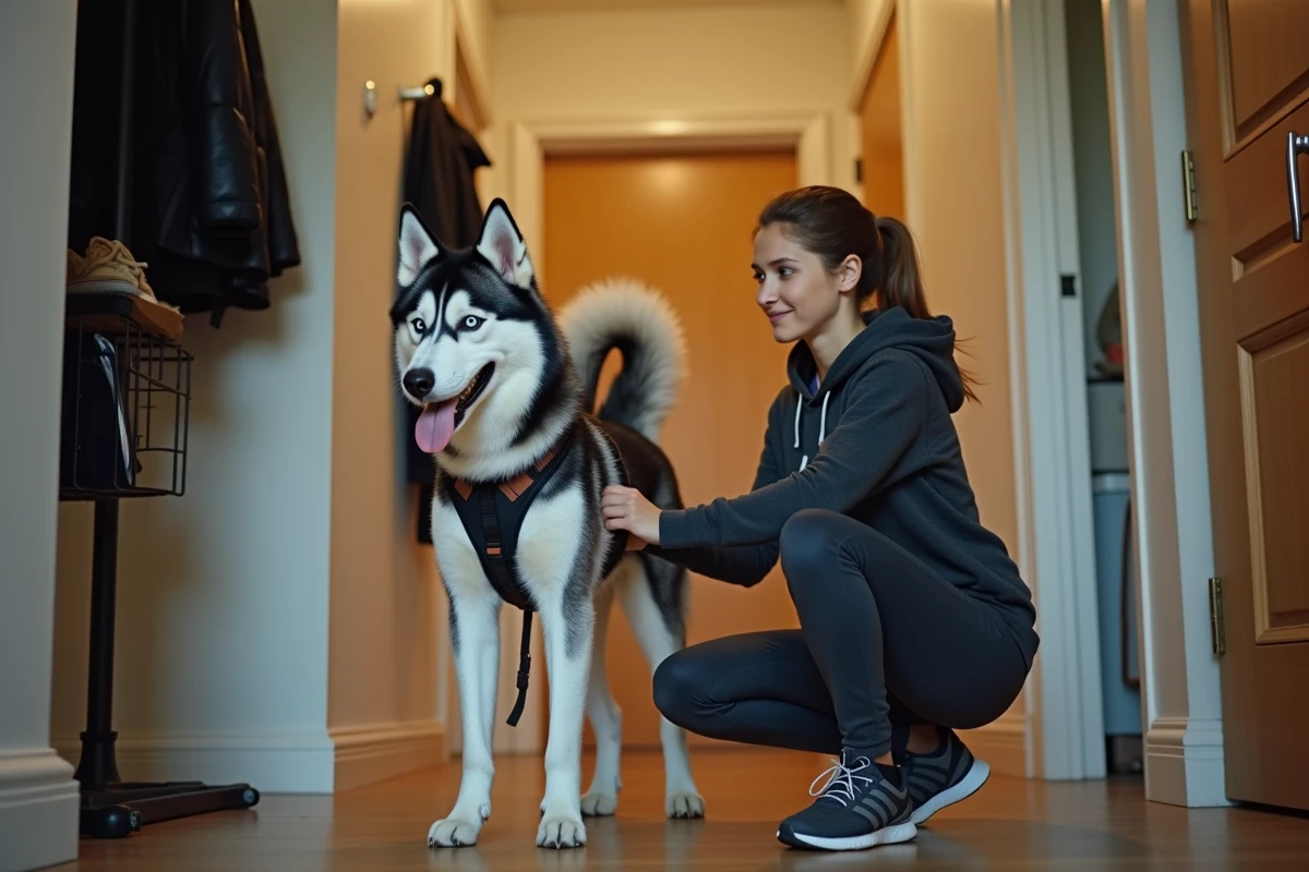 Jeune femme attachant la laisse de son husky sibérien dans le couloir d'un appartement avant une sortie quotidienne