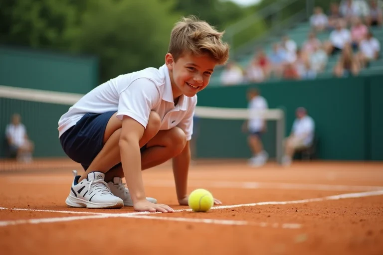 Ramasseur de balle de tennis adolescent sur un court en terre battue lors d'un tournoi professionnel en France