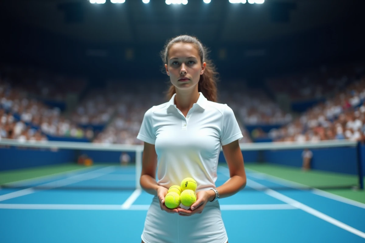 Ramasseuse de balle en tenue officielle debout sur un court indoor lors d'un match de tennis professionnel