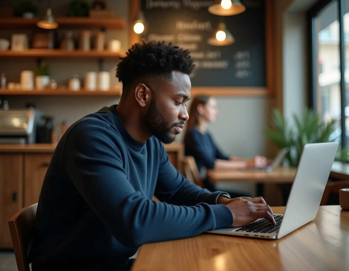 Jeune homme recherchant des offres d'emploi inclusives sur son ordinateur portable dans un café