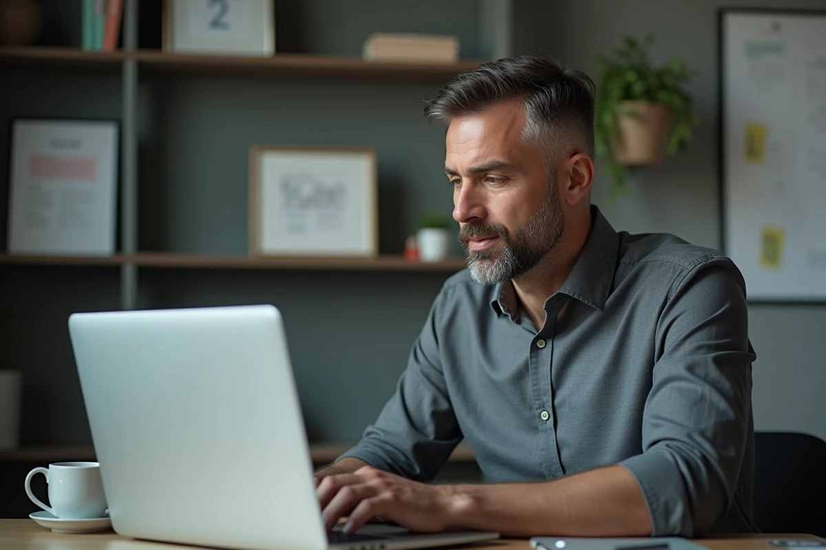 Homme d'âge mûr rédigeant un message d'adieu professionnel sur son ordinateur portable dans son bureau avec une expression nostalgique