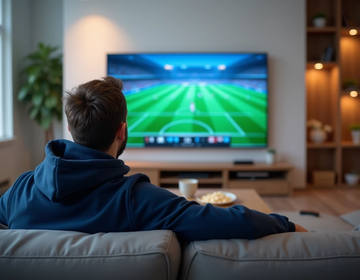 Homme regardant un match de football sur RMC Sport depuis son canapé dans un appartement moderne