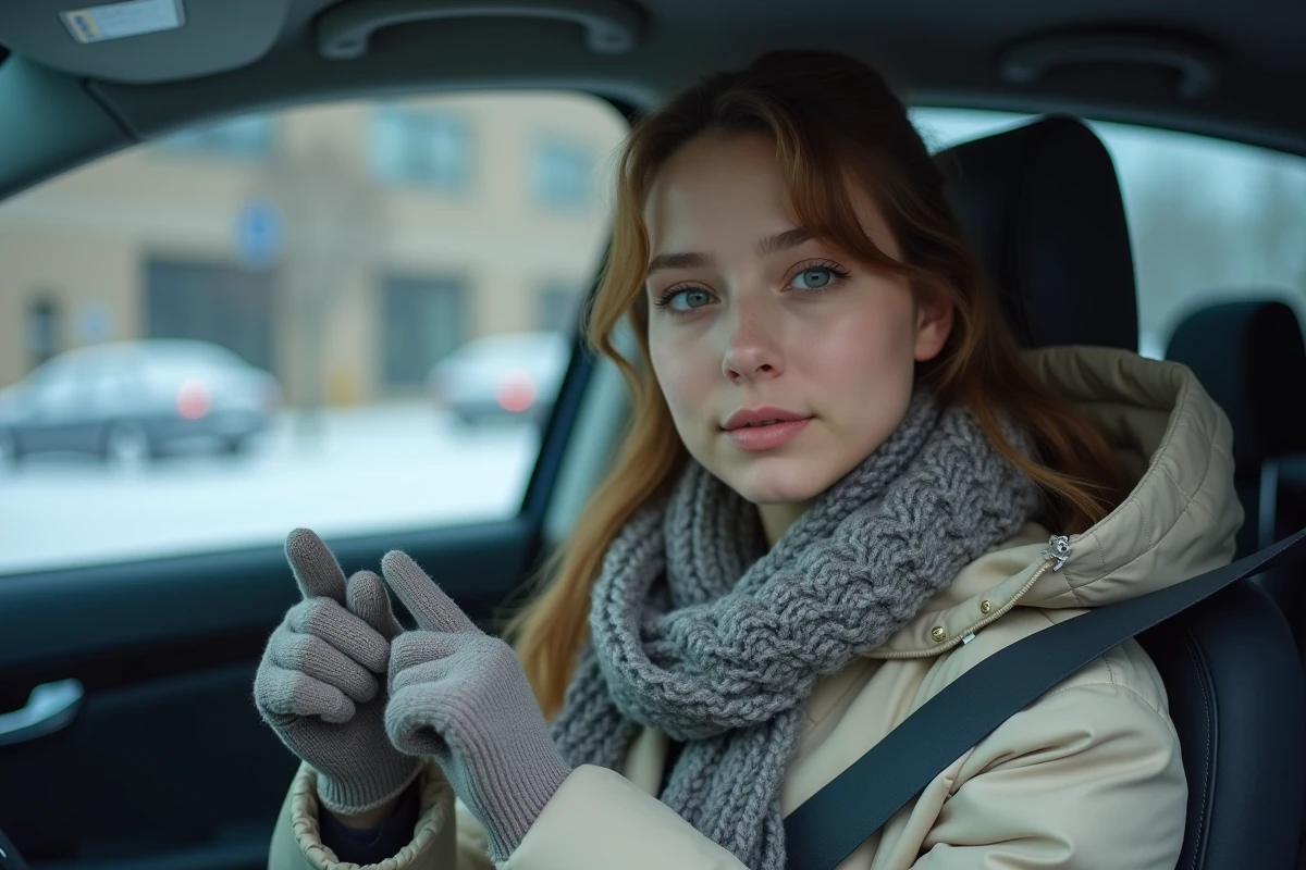 Femme ajustant le miroir intérieur de sa voiture