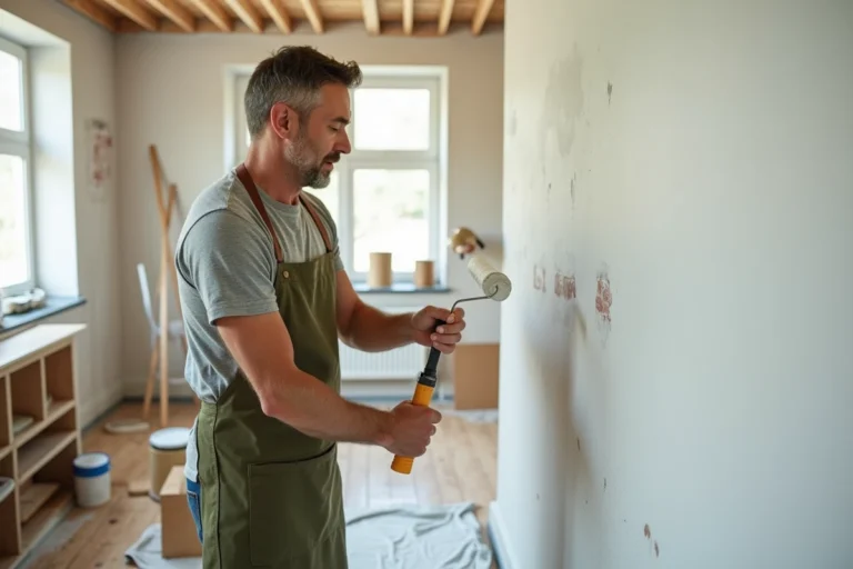 Homme en train de peindre un mur intérieur lors de travaux de rénovation maison, avec rouleau et bâche de protection au sol