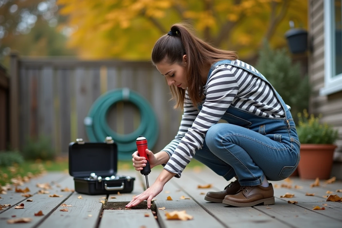 Femme réparant une latte de terrasse en bois dans un jardin en automne avec des outils à main