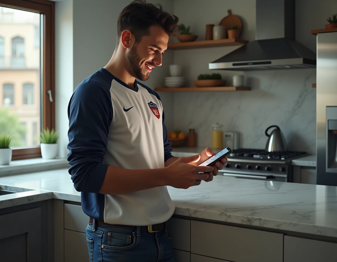 Jeune homme regardant RMC Sport en direct sur smartphone dans une cuisine moderne