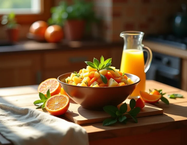 Salade de fruits maison dans un bol en céramique avec un pichet de jus d'orange frais sur une table en bois rustique