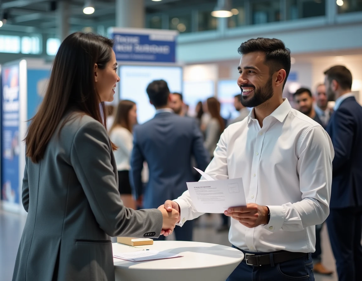 Recruteur et candidat échangeant lors d'un salon de l'emploi axé sur la diversité et l'inclusion