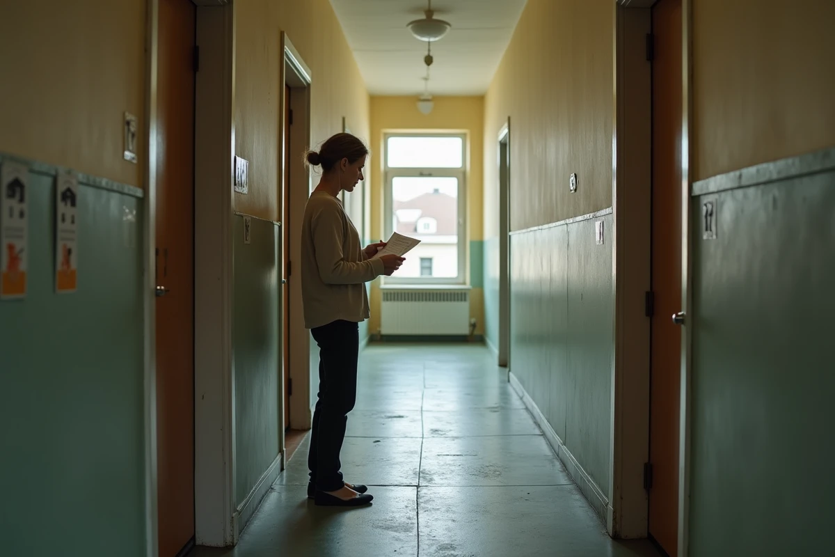 Femme lisant un avis de sécurité devant sa porte au couloir d'un immeuble résidentiel en hauteur