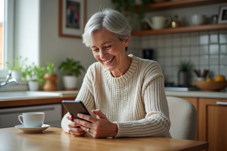 Femme senior souriante utilisant son téléphone dans la cuisine