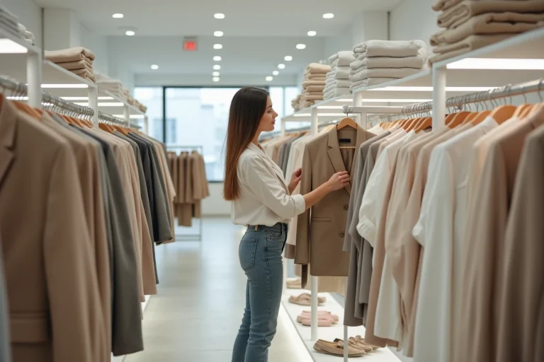 Jeune femme faisant du shopping chez Zara, examinant un blazer dans un magasin moderne aux rayons bien organisés